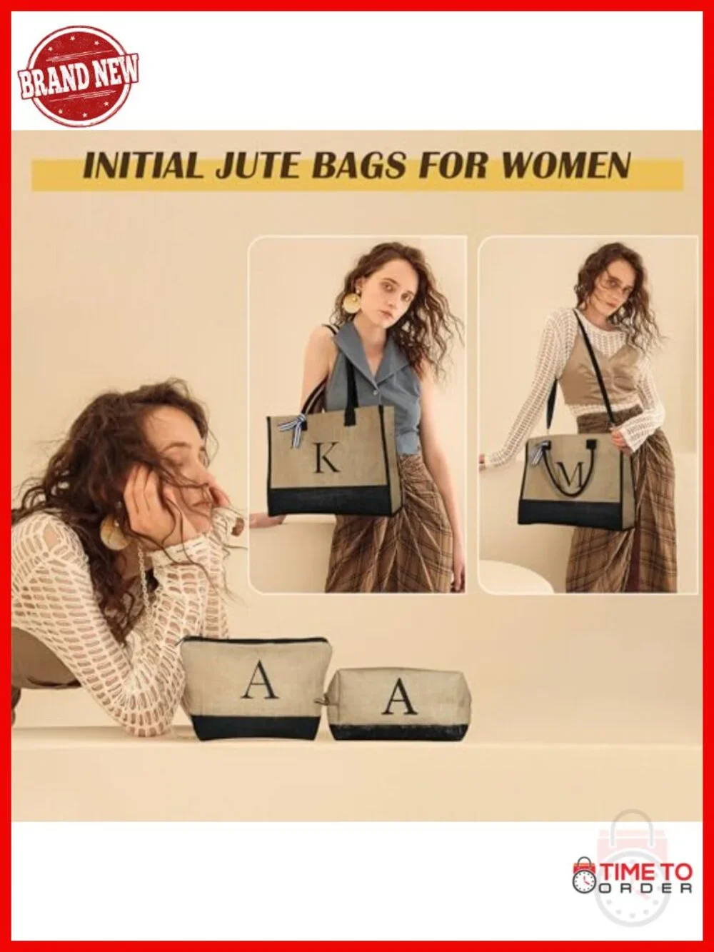 Personalized Initial Jute Tote Bag with 2 Makeup Bags – Gift for Women